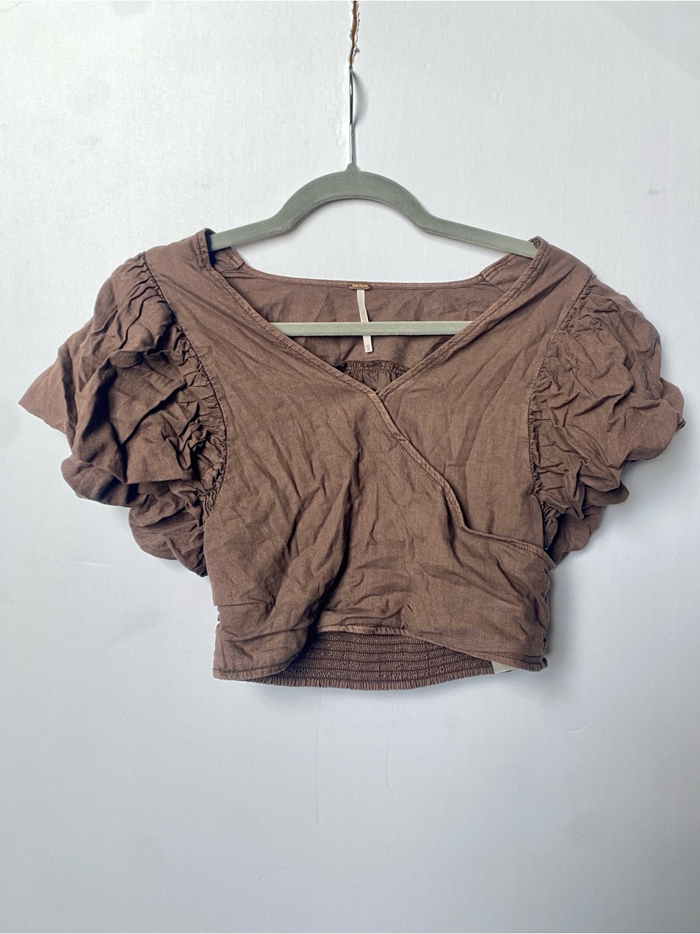 Free People Brown Puff-Sleeve Cropped Wrap Top XS NWT